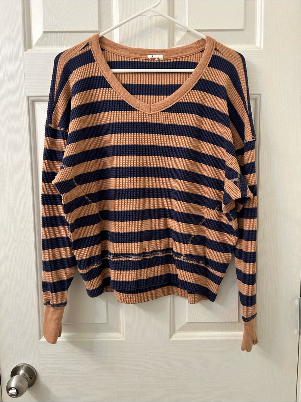 Offline by Aerie Striped V-Neck Sweater in Tan and Navy